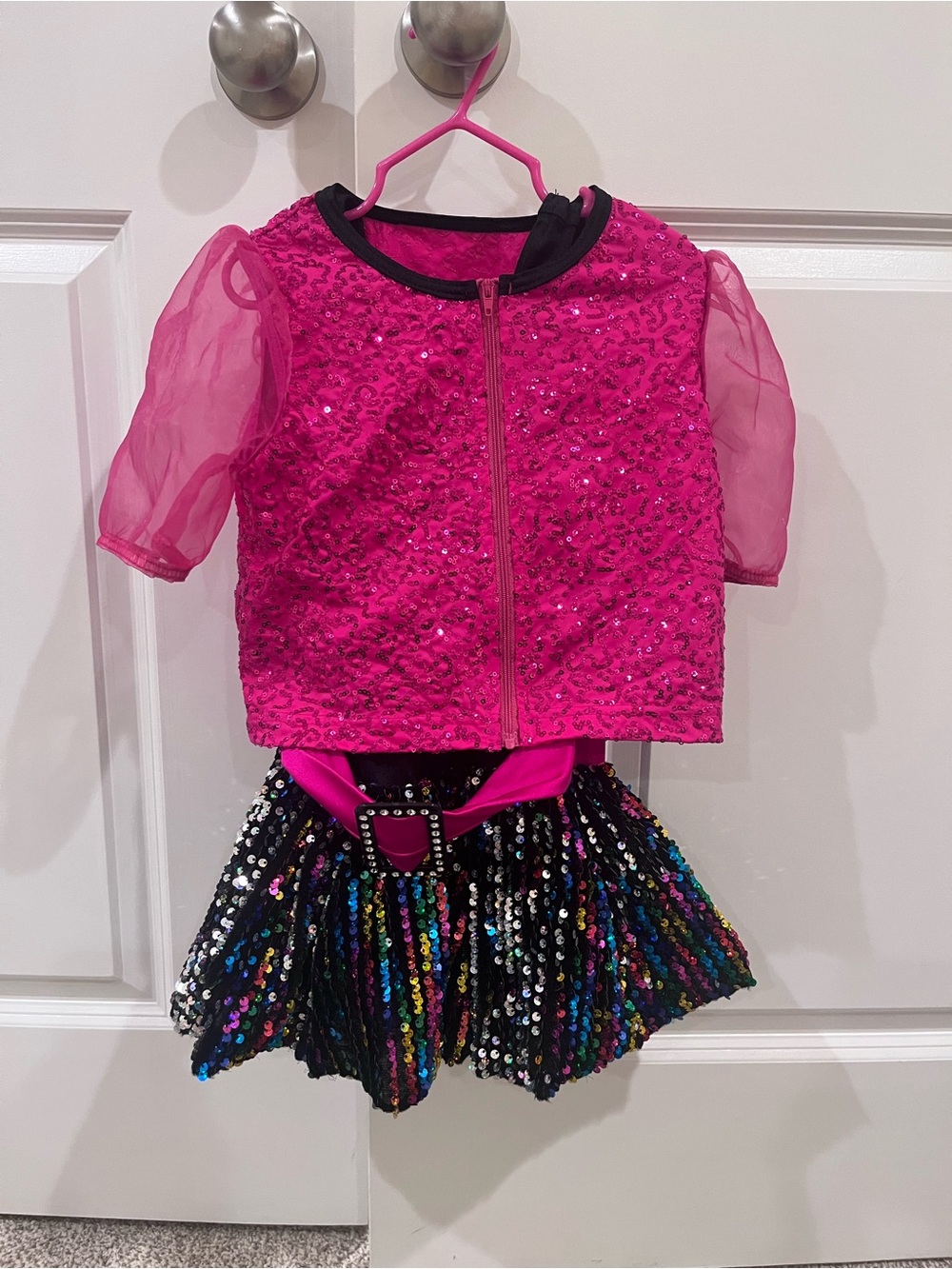 Weissman Hot Pink Sequin Dance Jacket with Multicolor Sequin Skirt